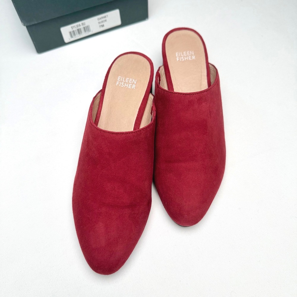 Eileen Fisher Sylvia Suede Mules Garnet Red 7M Capsule Career Luxury Chic - Picture 4 of 11